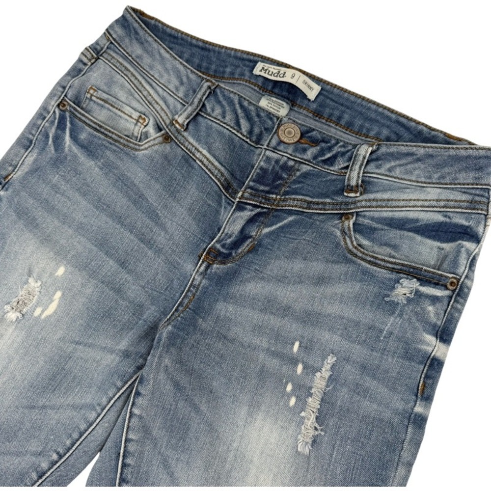 MUDD Size 9‎ Skinny Jeans Blue Distressed Paint Splatter Raw Hem Denim Pants Y2K